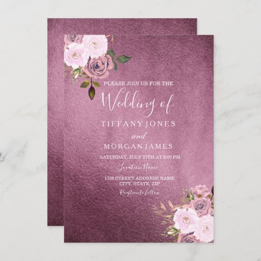 Burgundy & Roos Gold Floral Wedding Invite Kaart (Voorkant / Achterkant)