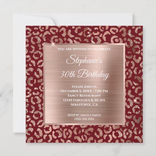 Burgundy Roos Gold Foil Leopard Glam 30th Birthday Kaart (Voorkant)