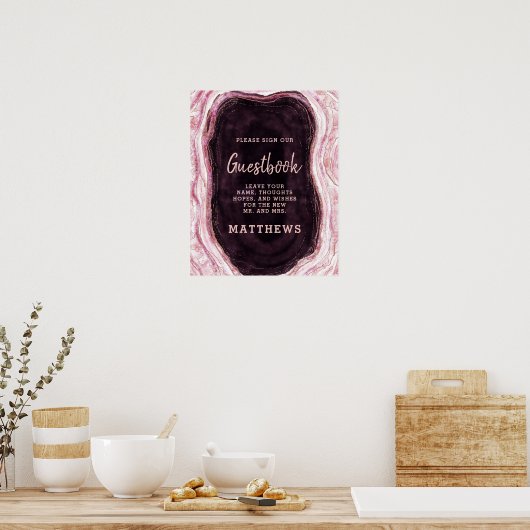 Burgundy & Roos Gold Geode Agate Guestbook Poster (Keuken)