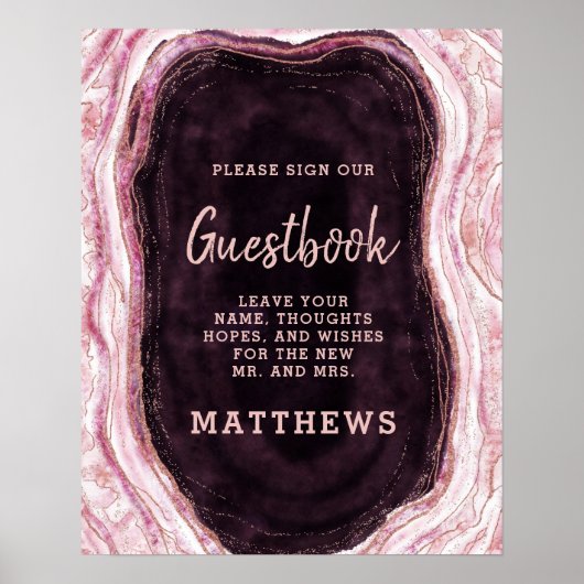 Burgundy & Roos Gold Geode Agate Guestbook Poster (Voorkant)