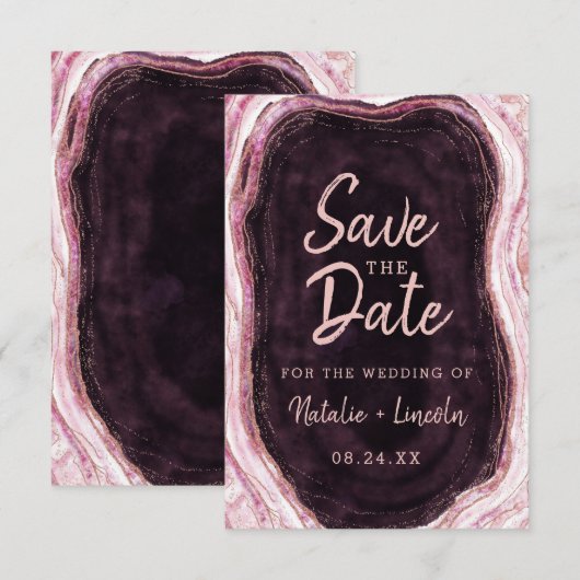 Burgundy & Roos Gold Geode Agate Marble Modern Save The Date (Voorkant / Achterkant)