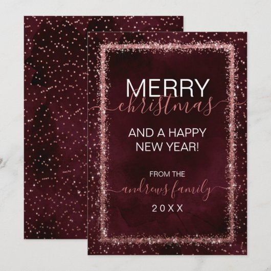 Burgundy Roos Gold-geprinte Confetti kerst Feestdagenkaart (Voorkant / Achterkant)