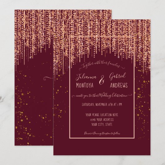 Burgundy Roos Gold Glitter Confetti Wedding Invite Kaart (Voorkant / Achterkant)