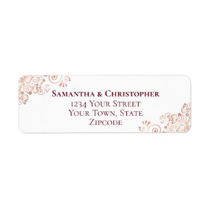 Burgundy & Roos Gold Lace Wedding Return Address Etiket