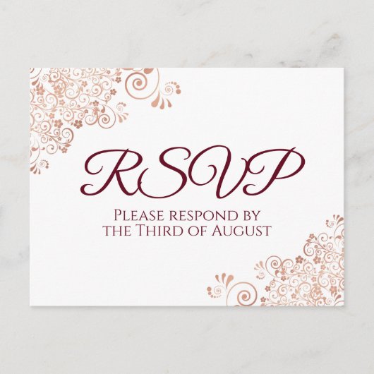 Burgundy & Roos Gold Lace White Wedding RSVP Briefkaart (Voorkant)