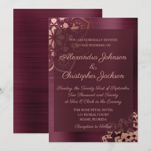 Burgundy & Roos Gold Mandala Wedding Uitnodiging (Voorkant / Achterkant)