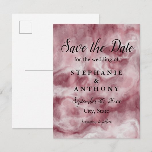 Burgundy, Roos Gold Marble Wedding Save the Date Uitnodiging Briefkaart (Voorkant / Achterkant)