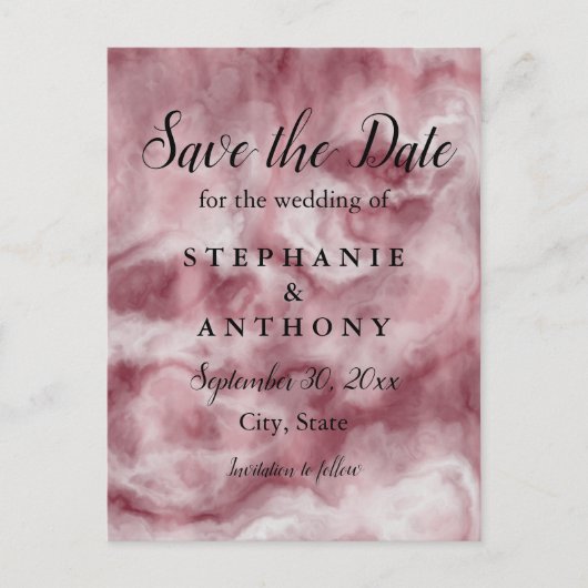 Burgundy, Roos Gold Marble Wedding Save the Date Uitnodiging Briefkaart (Voorkant)