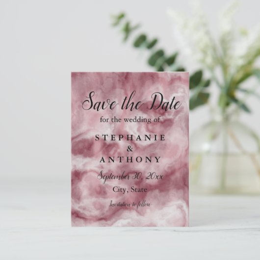 Burgundy, Roos Gold Marble Wedding Save the Date Uitnodiging Briefkaart (Staand voorkant)