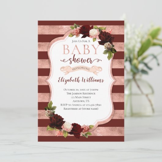 Burgundy Roos Gold Marsala Baby shower Kaart (Staand voorkant)