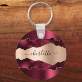 Burgundy roos gold metal agate marble name script sleutelhanger (Voorkant)