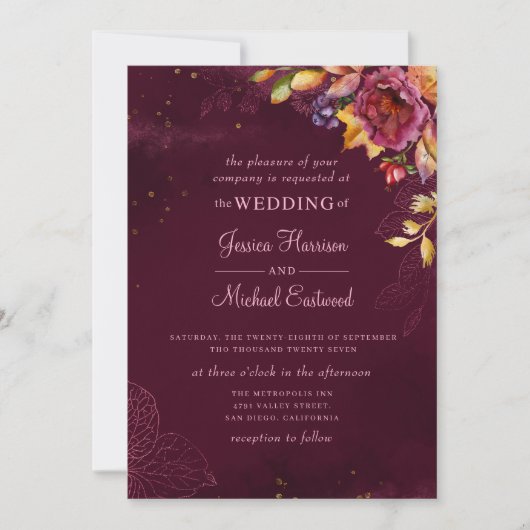 Burgundy Roos Gold Monogram Floral Fall Wedding Kaart (Voorkant)
