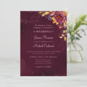 Burgundy Roos Gold Monogram Floral Fall Wedding Kaart (Staand voorkant)