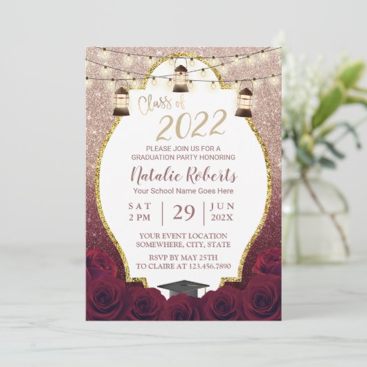 Burgundy Roos Gold Ombre Lantern Afstuderen Kaart (Staand voorkant)