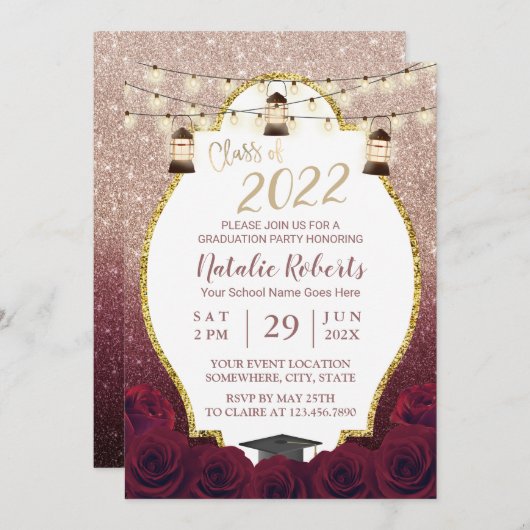 Burgundy Roos Gold Ombre Lantern Afstuderen Kaart (Voorkant / Achterkant)