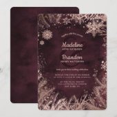 Burgundy & Roos Gold Snowflakes Holiday Weddenscha Kaart (Voorkant / Achterkant)