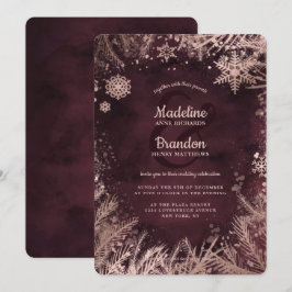 Burgundy & Roos Gold Snowflakes Holiday Weddenscha Kaart