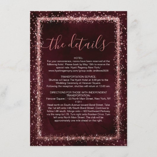 Burgundy Roos Gold Sprinked Confetti - Gegevens Informatiekaartje (Voorkant)