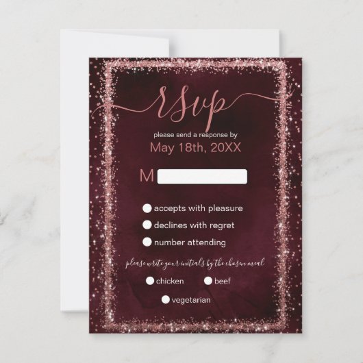 Burgundy Roos Gold Sprinked Confetti Weddenschap RSVP Kaartje (Voorkant)