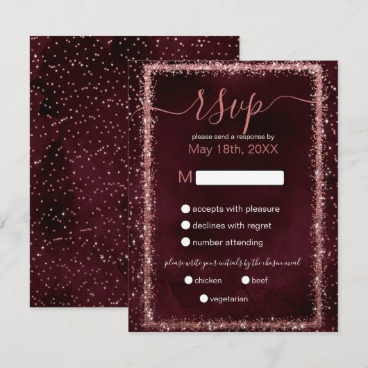 Burgundy Roos Gold Sprinked Confetti Weddenschap RSVP Kaartje (Voorkant / Achterkant)