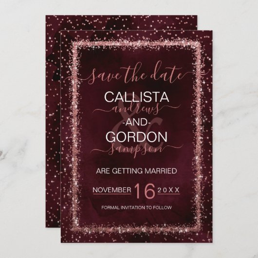 Burgundy Roos Gold Sprinked Confetti Weddenschap Save The Date (Voorkant / Achterkant)