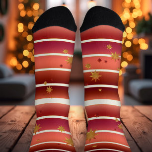 Burgundy Roos Gold Striped Stars Sokken