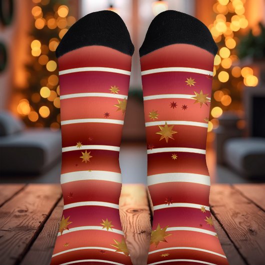 Burgundy Roos Gold Striped Stars Sokken