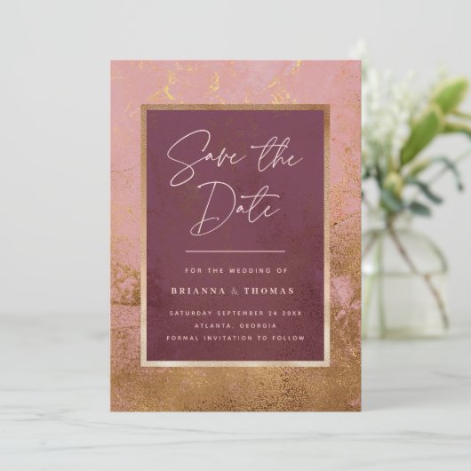 Burgundy Roos Gold Wedding Save the Date (Staand voorkant)