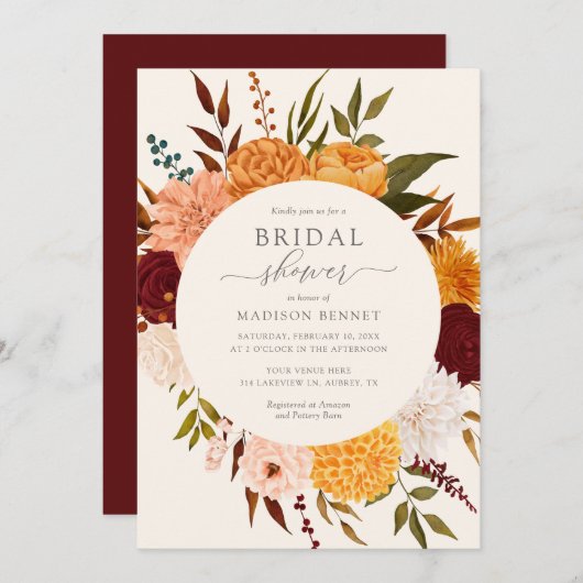 Burgundy Roos Herfst Floral Bridal Shower Kaart (Voorkant / Achterkant)
