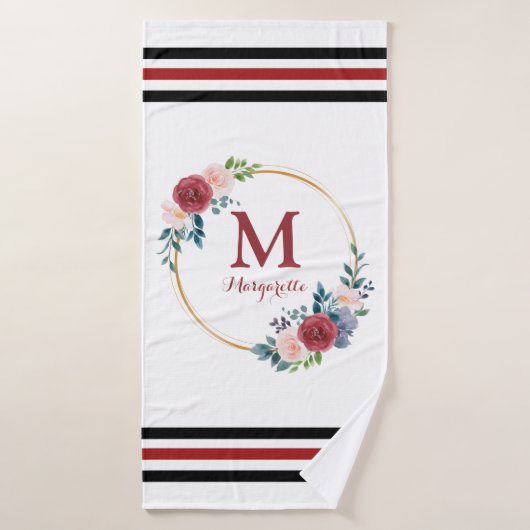 Burgundy Roos met aangepaste monogram en naam Badhanddoek (Badhanddoek)