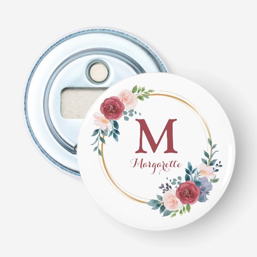 Burgundy Roos met aangepaste monogram en naam Button Flesopener (Voorkant)