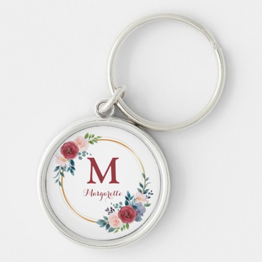 Burgundy Roos met aangepaste monogram en naam Sleutelhanger (Voorkant)