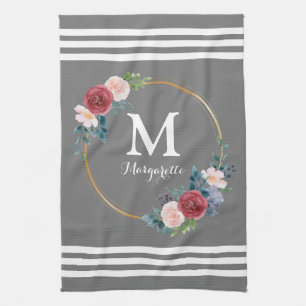 Burgundy Roos met aangepaste monogram en naam Theedoek
