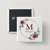 Burgundy Roos met aangepaste monogram en naam Vierkante Button 5,1 Cm (Voorkant /achterkant)