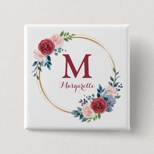 Burgundy Roos met aangepaste monogram en naam Vierkante Button 5,1 Cm (Voorkant)