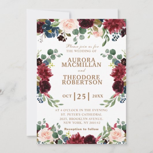 Burgundy Roos Navy Blush Unique Wedding Invitation (Voorkant)