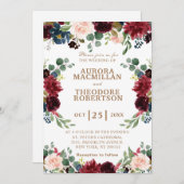 Burgundy Roos Navy Blush Unique Wedding Invitation (Voorkant / Achterkant)