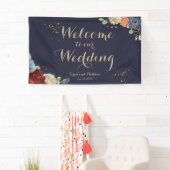 Burgundy Roos Navy Floral Wedding Backdrop Banner (Insitu)