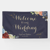 Burgundy Roos Navy Floral Wedding Backdrop Banner (Horizontaal)