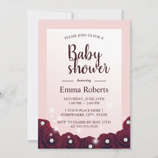 Burgundy Roos Pearl Floral Blush Pink Baby shower Kaart (Voorkant)