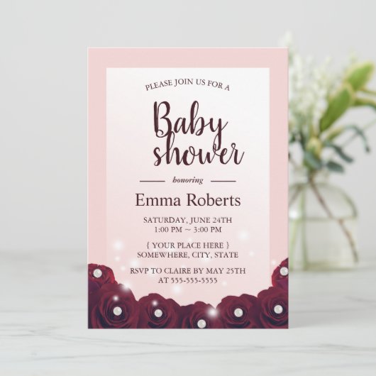 Burgundy Roos Pearl Floral Blush Pink Baby shower Kaart (Staand voorkant)