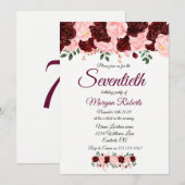 Burgundy Roos Pink Floral 70ste verjaardag Kaart (Voorkant / Achterkant)