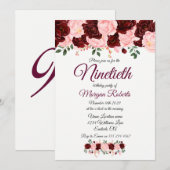 Burgundy Roos Pink Floral Ninetieth 90th Birthday Kaart (Voorkant / Achterkant)