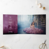 Burgundy Roos Pink Paris Fireworks Quinceañera Tri Drieluik Uitnodiging (Binnen)