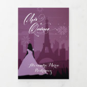 Burgundy Roos Pink Paris Fireworks Quinceañera Tri Drieluik Uitnodiging (Cover)