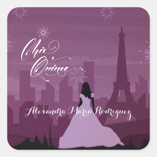Burgundy Roos Pink Paris Fireworks Quinceañera Vierkante Sticker (Voorkant)
