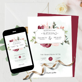 Burgundy Roos Pink Print of Digital Wedding Kaart