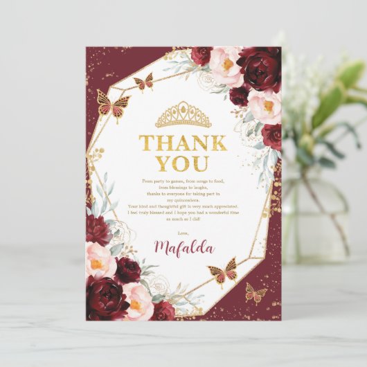 Burgundy Roos Quinceañera Butterfly Kaart (Staand voorkant)