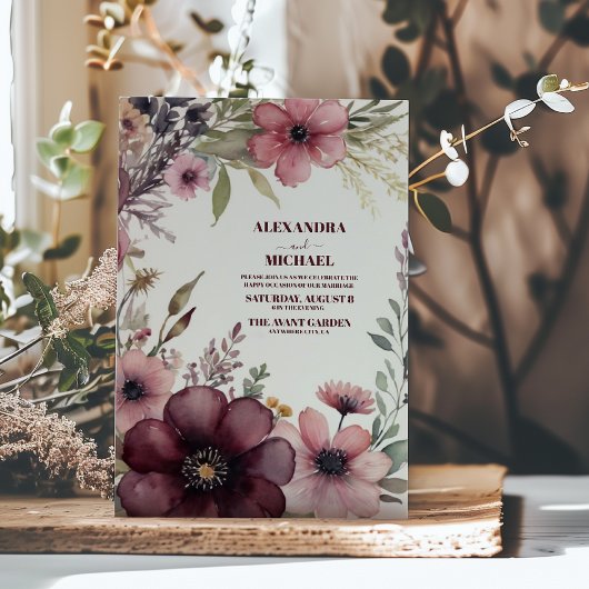 Burgundy Roos Ranunculus Wedding Kaart