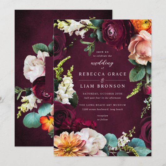 Burgundy Roos Ranunculus Wedding Kaart (Voorkant / Achterkant)